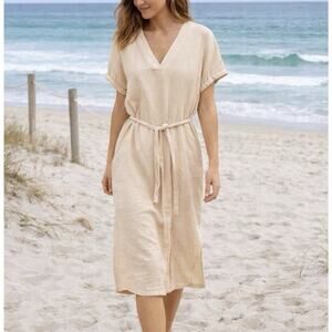 Magaschoni Cream Gauze Midi Dress Size Medium Cotton Tie Waist Minimalist Beach